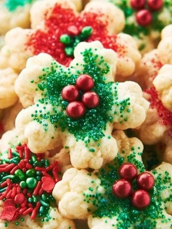 Freshly baked cream cheese spritz cookies on a plate with colorful sprinkles.