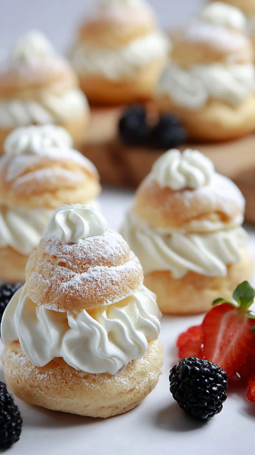 Delicious cream puffs filled with whipped cream and dusted with powdered sugar