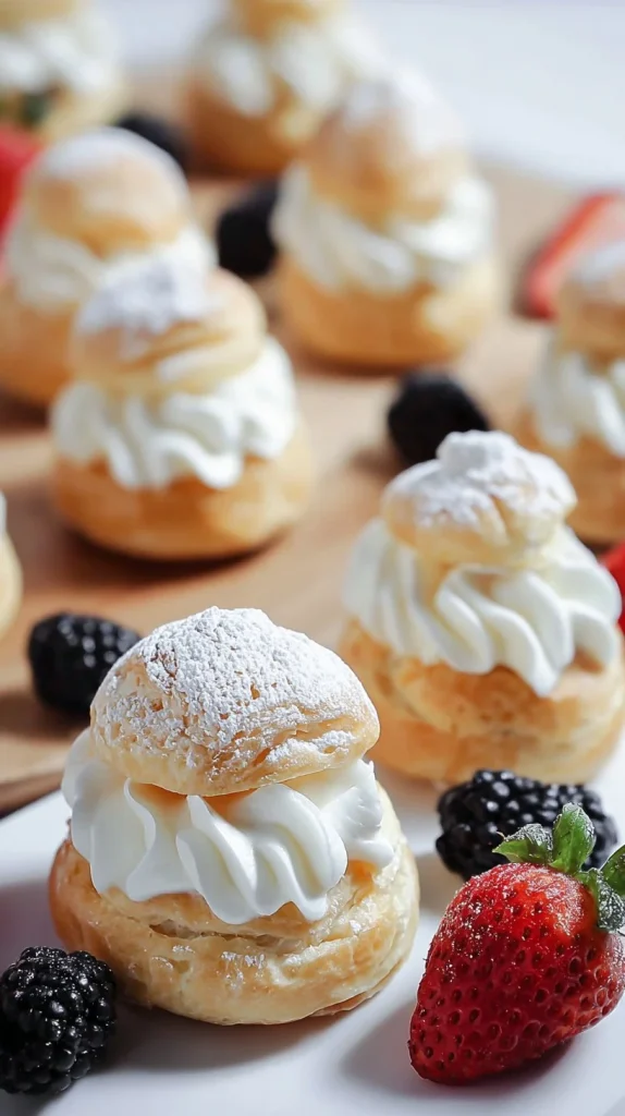 Delicious cream puffs filled with rich cream and dusted with powdered sugar.