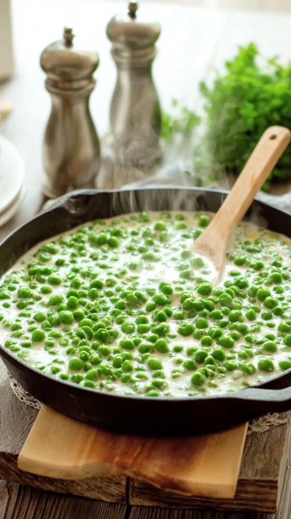 Bowl of creamed peas garnished with herbs, showcasing a rich and creamy texture.