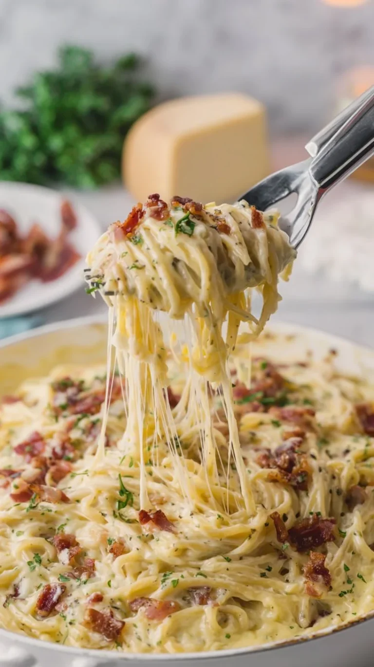 Creamy bacon pasta dish topped with herbs and grated cheese
