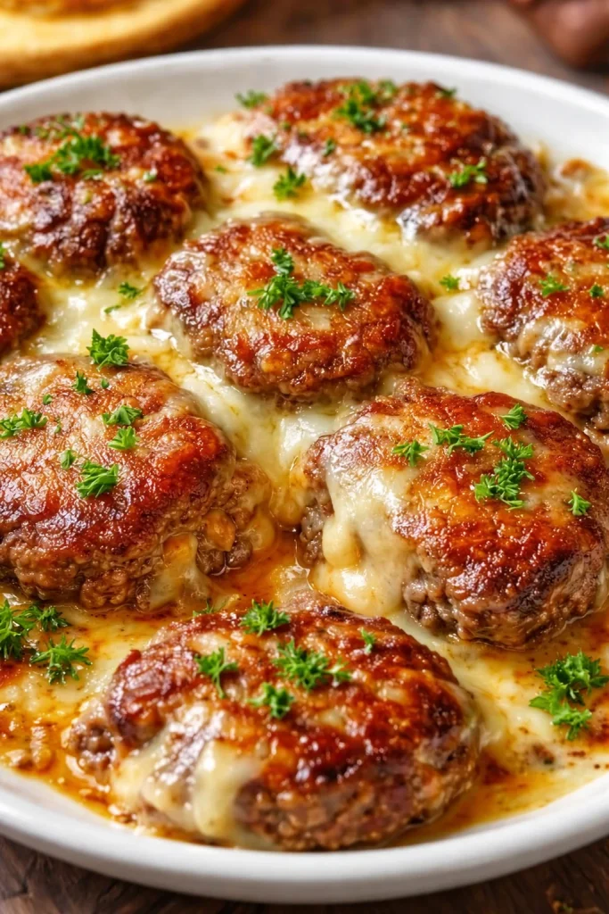 Creamy beef and mushroom patties served on a plate