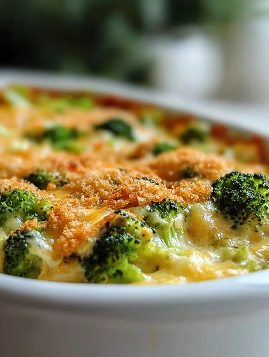 Creamy broccoli cheese casserole topped with melted cheese and breadcrumbs