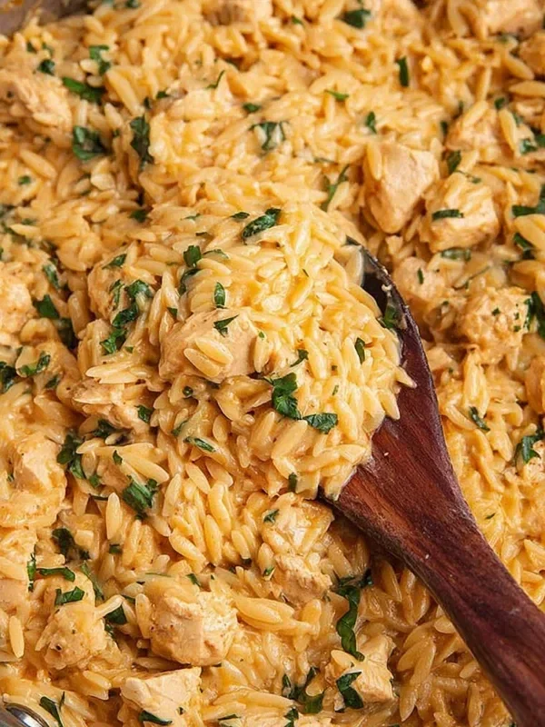 Creamy Chicken Orzo Creamy chicken orzo dish topped with fresh herbs and served in a bowl.