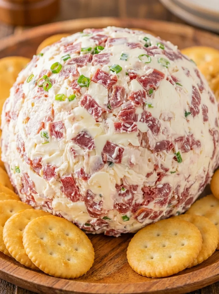 Creamy Chipped Beef Cheese Ball on a platter garnished with herbs
