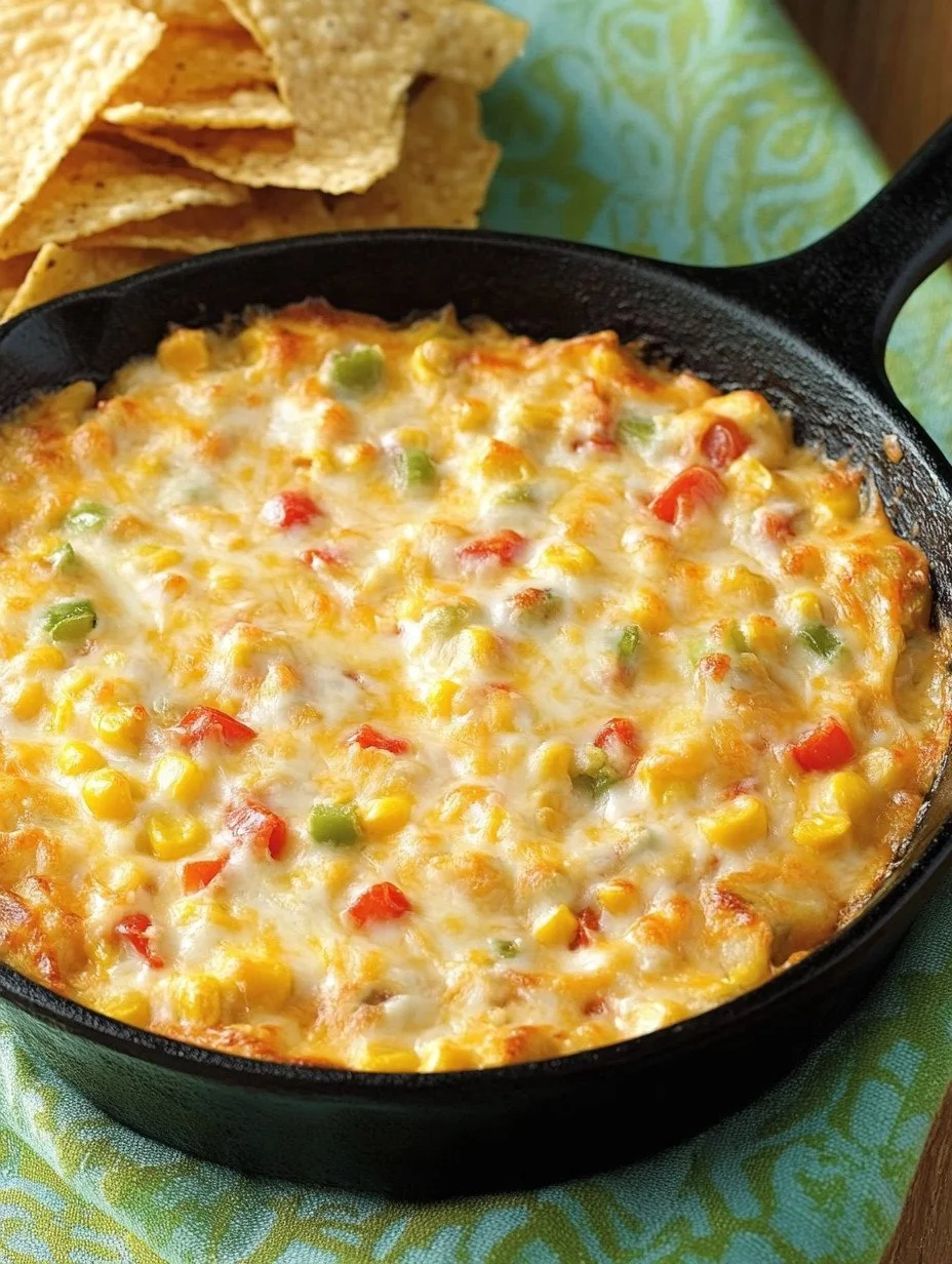 Creamy corn dip served in a bowl with tortilla chips on the side