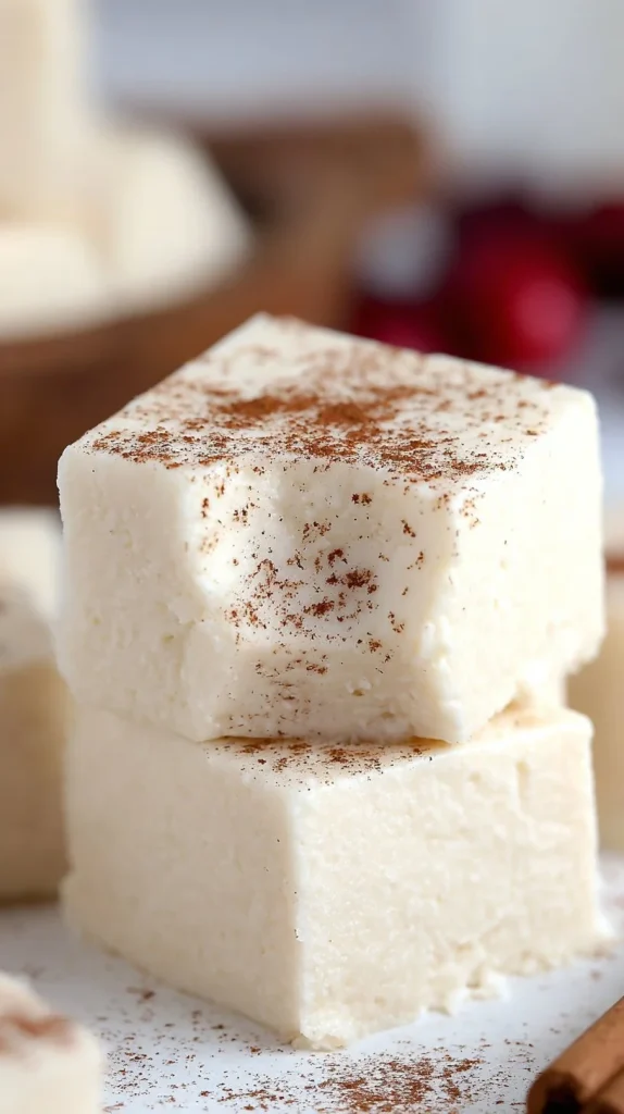Creamy eggnog fudge dessert on a festive plate with holiday decorations