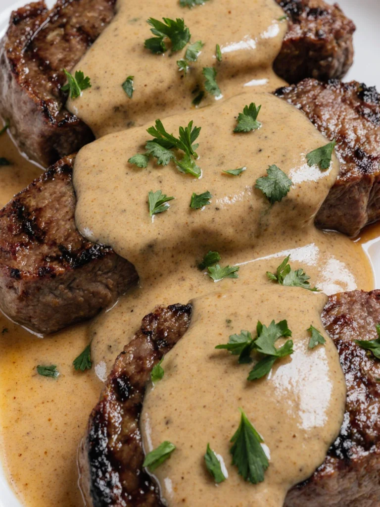Delicious creamy garlic parmesan ribeye steaks on a plate garnished with herbs