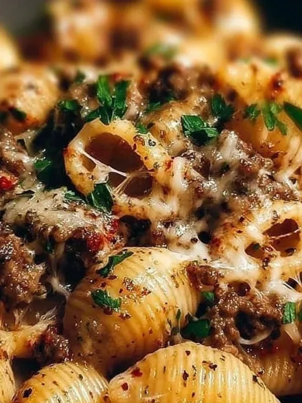 Creamy paprika steak shells served on a white plate with fresh herbs