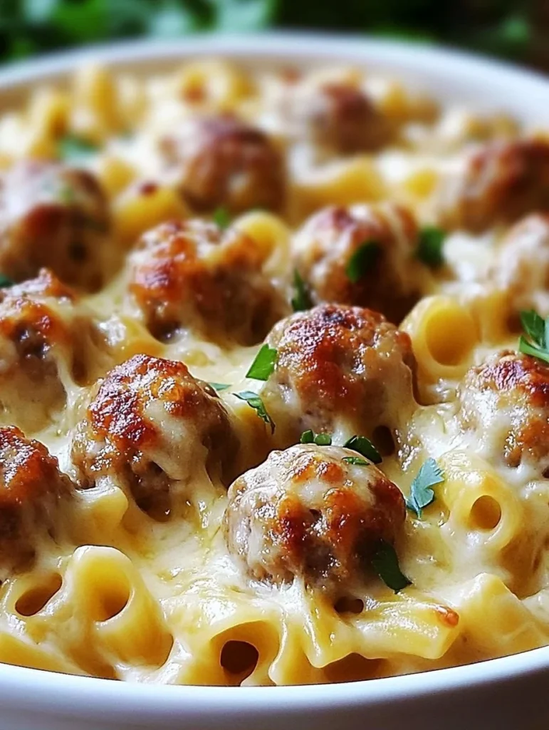 Creamy Swedish meatball noodle bake served in a casserole dish