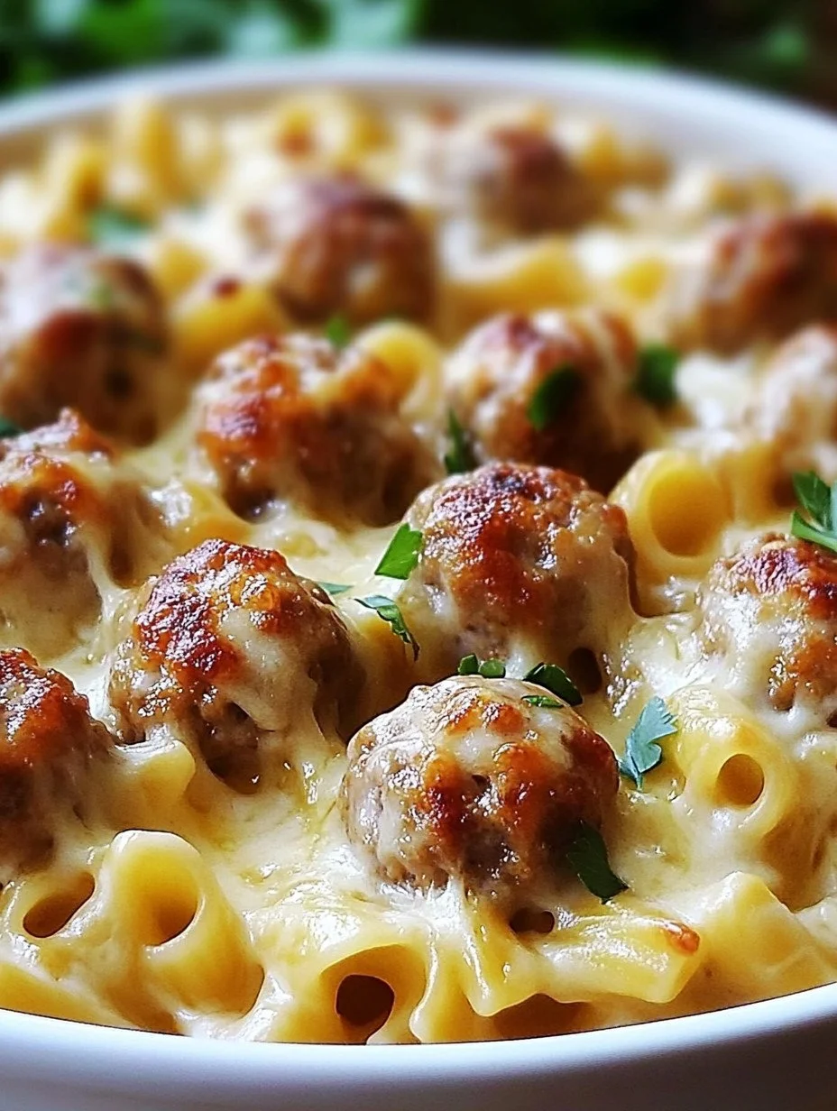 Creamy Swedish meatball noodle bake served in a casserole dish