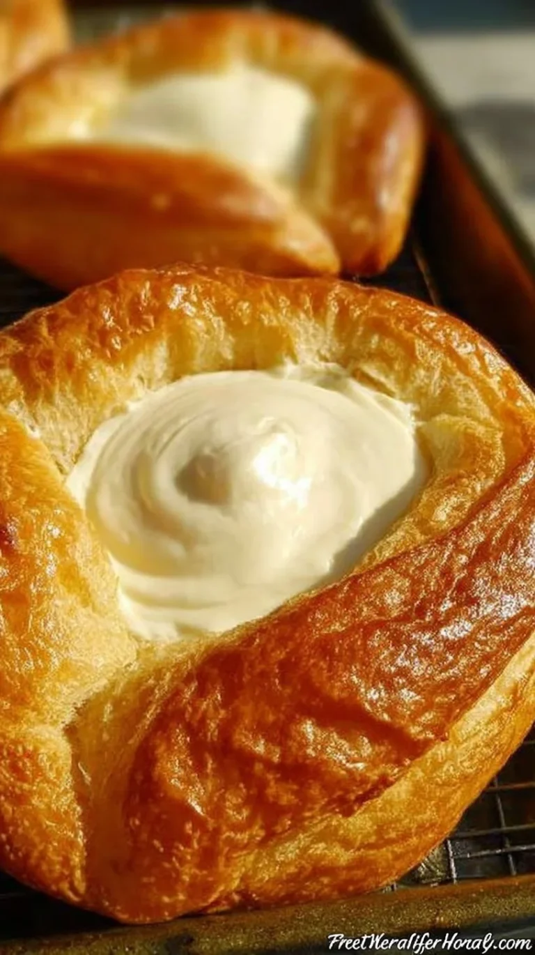 Freshly baked crescent cheese danishes on a wooden table