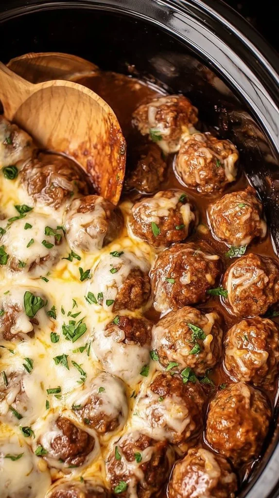 Crock Pot French Onion Meatballs served in a delicious broth with cheese