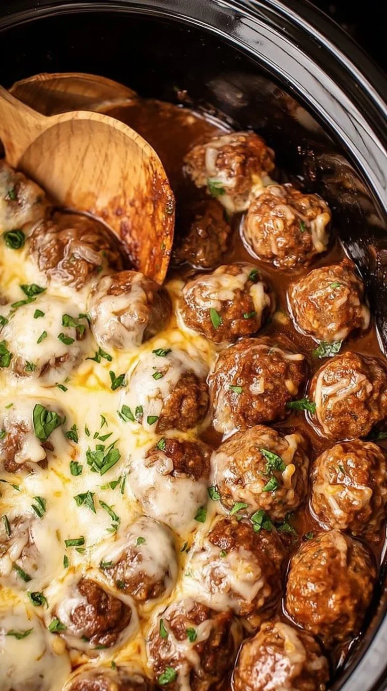 Crock Pot French Onion Meatballs served in a delicious broth with cheese