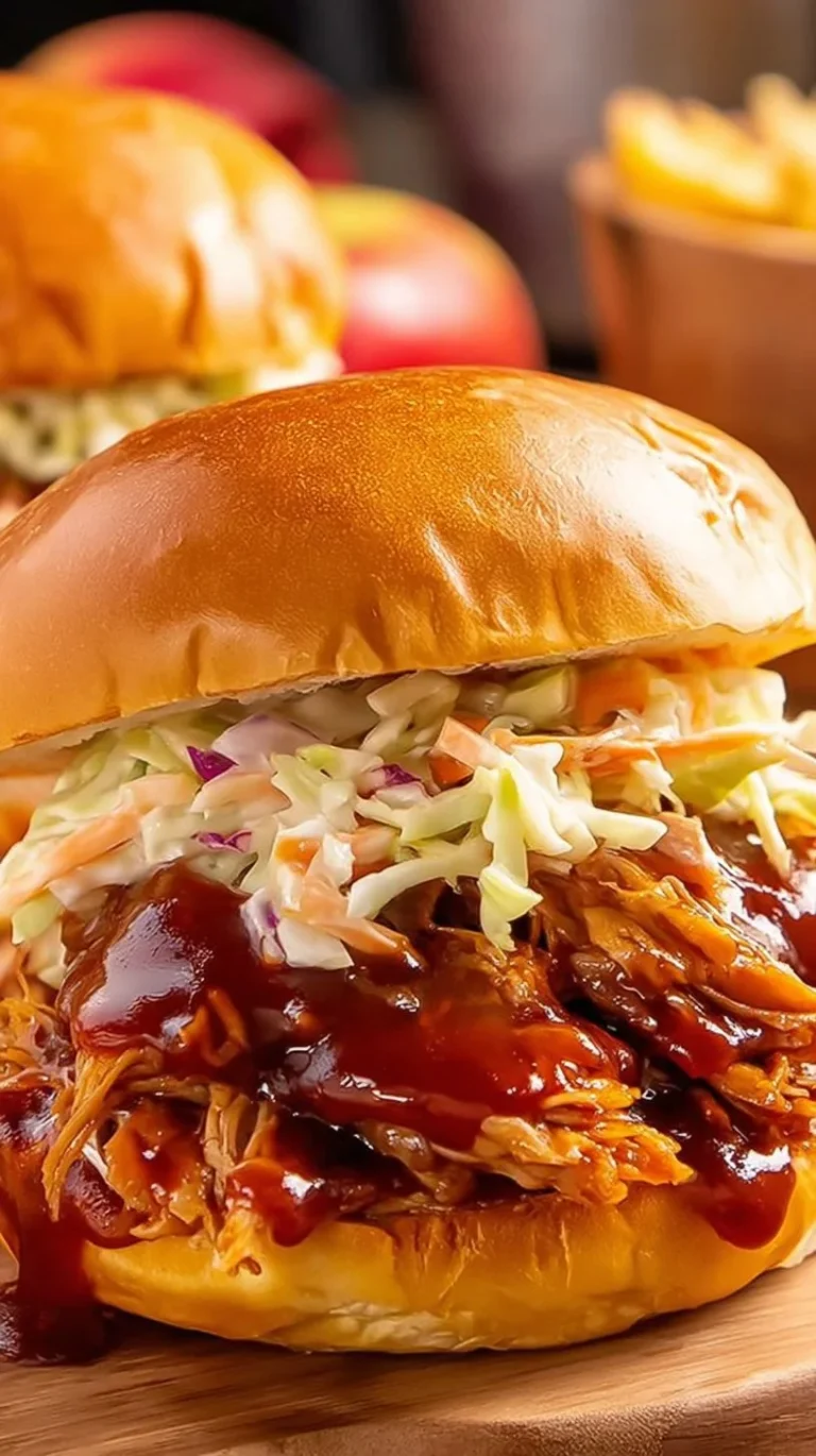 Crockpot Apple Butter BBQ Pulled Chicken served in a bowl with garnishes