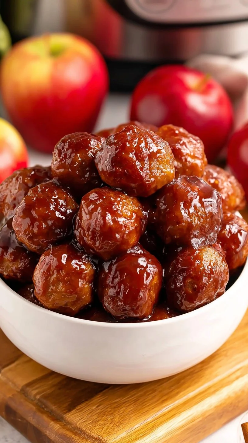 Crockpot apple butter meatballs served in a bowl with fresh herbs