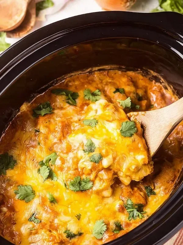 Crockpot Chicken Enchilada Casserole Crockpot Chicken Enchilada Casserole topped with cheese and fresh cilantro