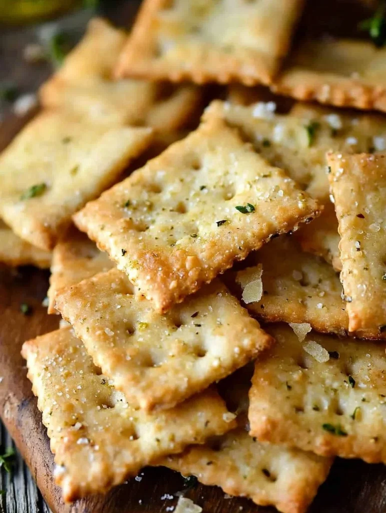A plate of Dill Pickle Saltines with a pickle garnish, showcasing a flavorful snack.