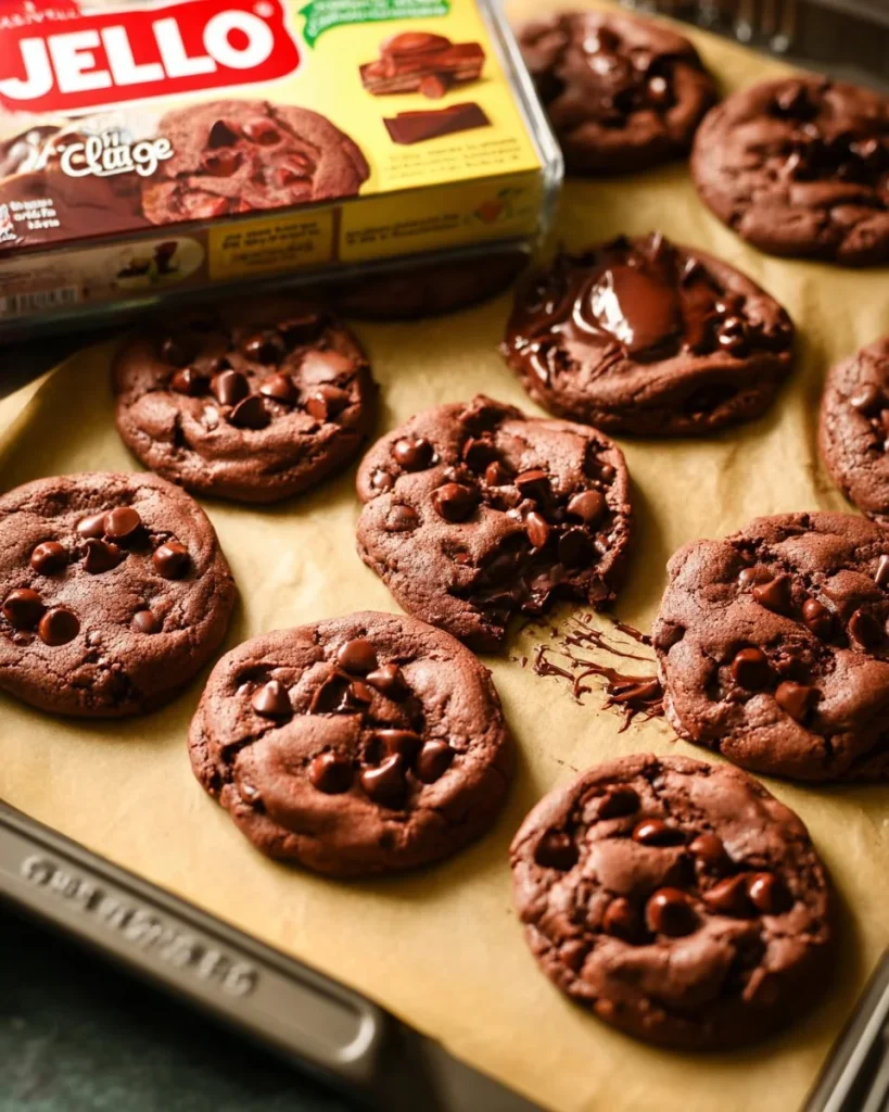 Delicious double chocolate chip cookies with melted chocolate chunks