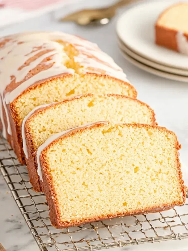 Slice of Eggnog Bread topped with a rum glaze on a festive table setting.