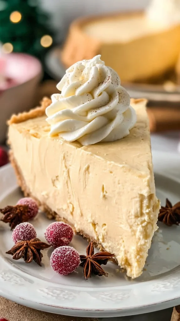 Delicious homemade Eggnog Pie topped with whipped cream and nutmeg