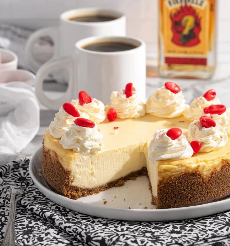 Delicious Fireball Cheesecake topped with cinnamon and whiskey flavor