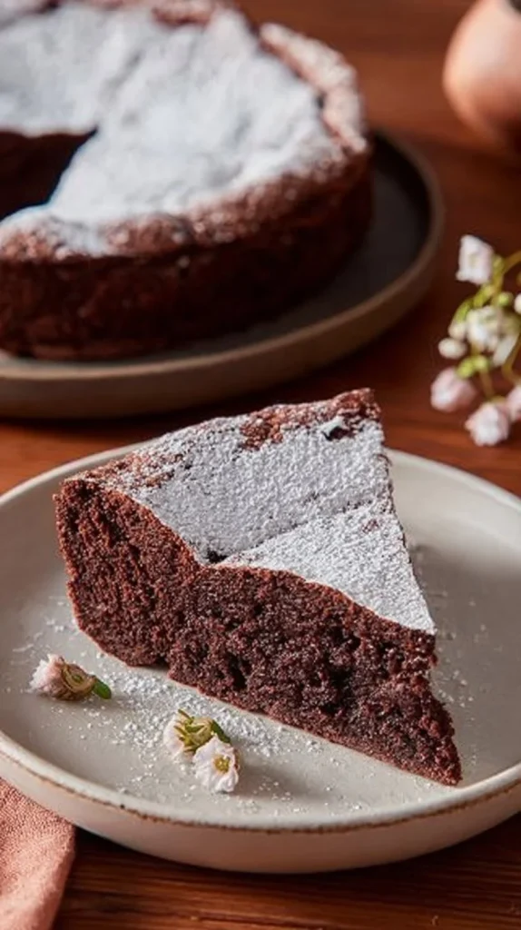 Decadent flourless chocolate cake topped with cocoa powder and berries