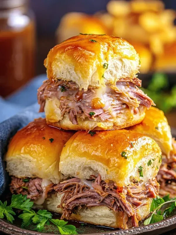 French Dip Sliders served with au jus for dipping