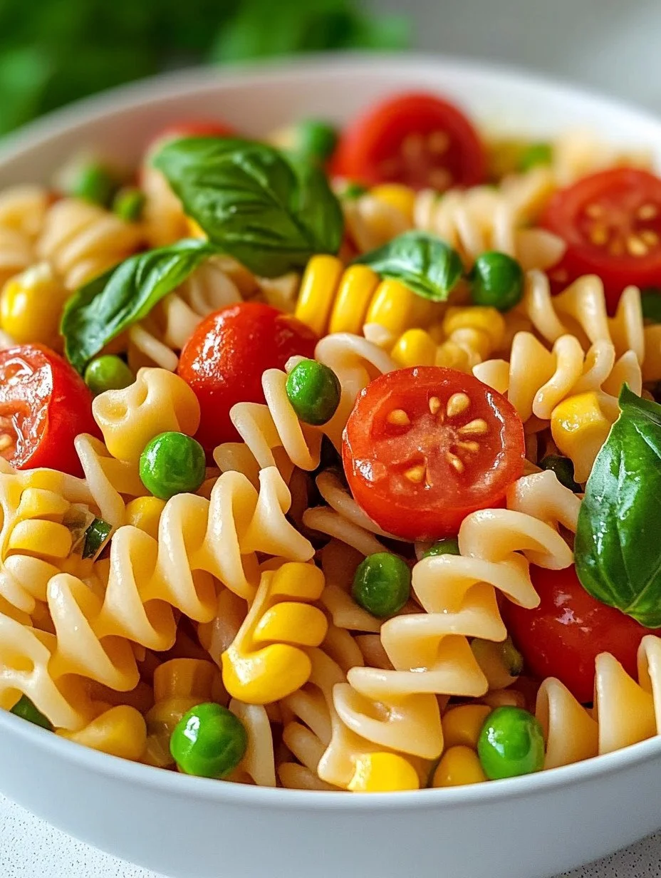Colorful fresh veggie pasta salad with vegetables and dressing served in a bowl.