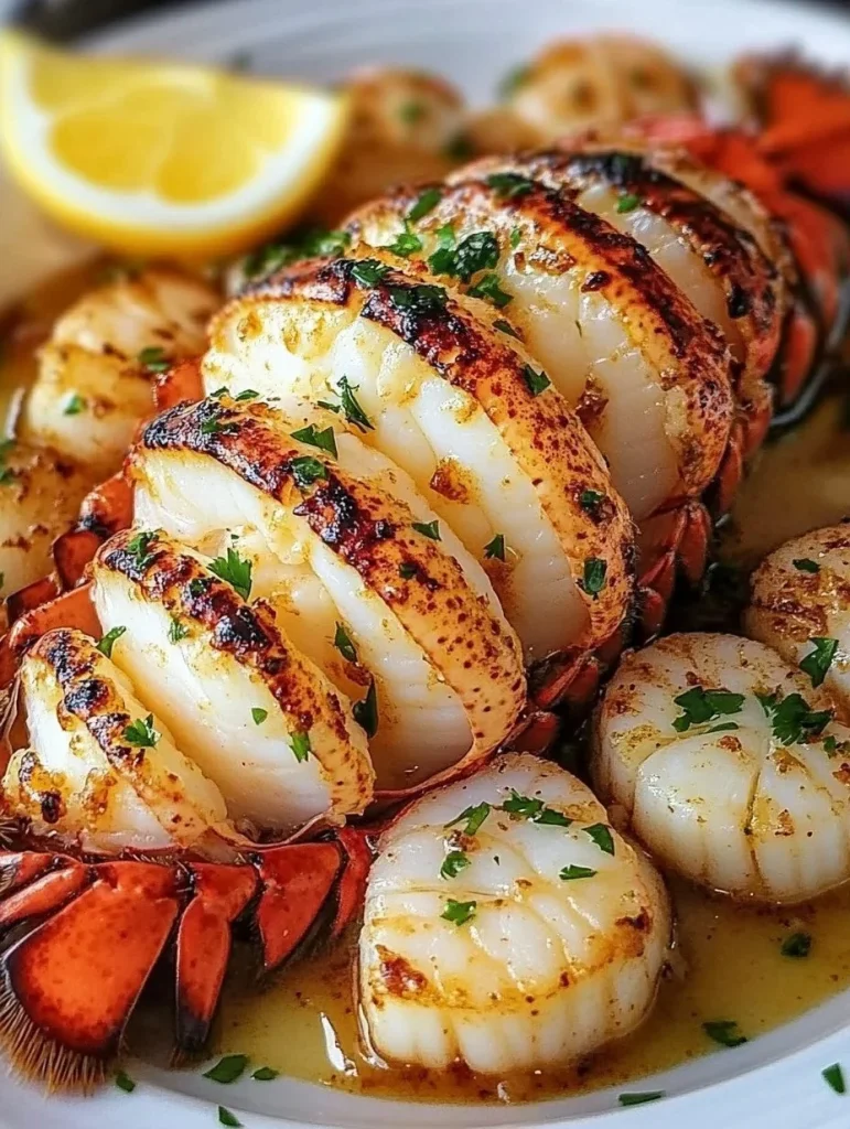 Delicious Garlic Butter Lobster paired with fresh scallops on a plate
