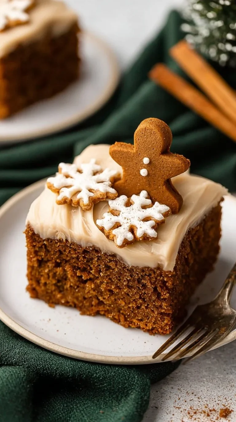 Gingerbread cake with creamy cream cheese frosting on a decorative plate