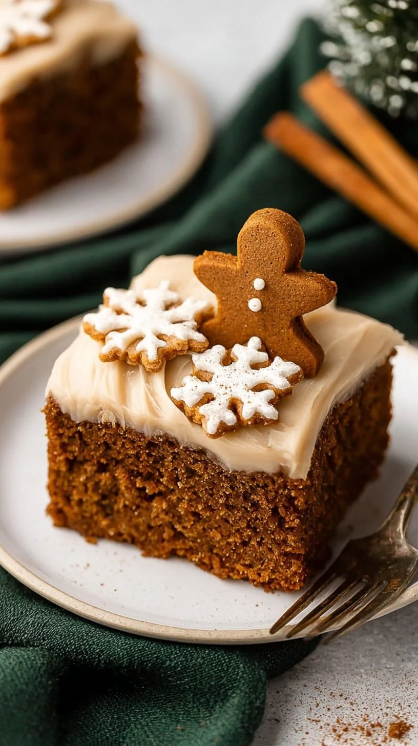 Gingerbread cake with creamy cream cheese frosting on a decorative plate