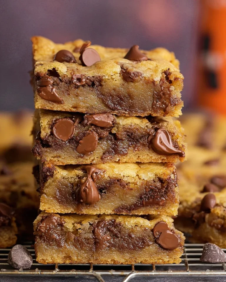 Gooey chocolate chip cookie bars on a cooling rack