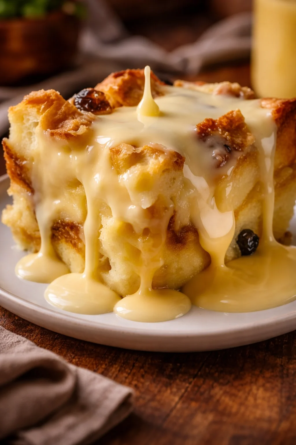 Grandma’s Old-Fashioned Bread Pudding with Vanilla Sauce Grandma’s old-fashioned bread pudding served with vanilla sauce in a dish