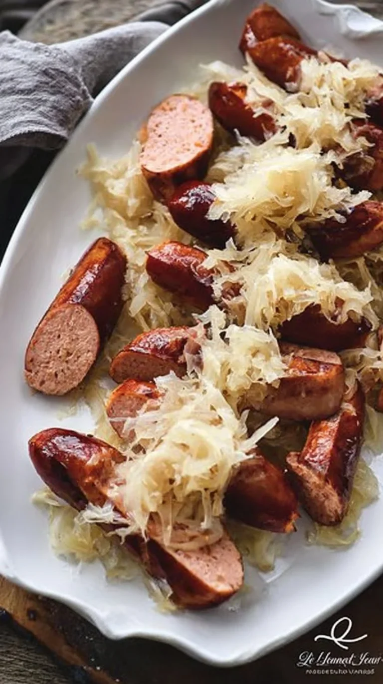 Grilled Polish sausage with sauerkraut served on a plate
