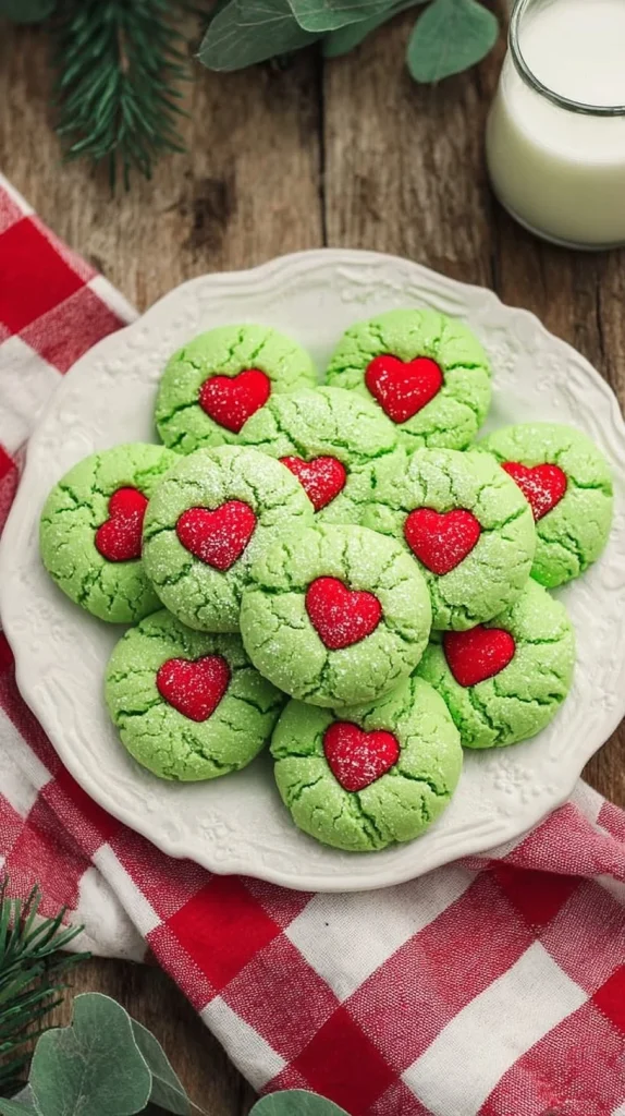 Grinch cake mix cookies in festive green and red colors