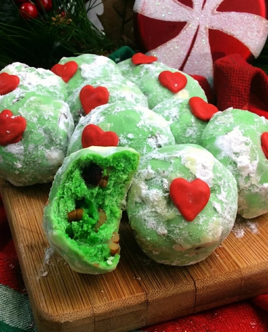 Delicious Grinch Snowball Cookies decorated for the holidays