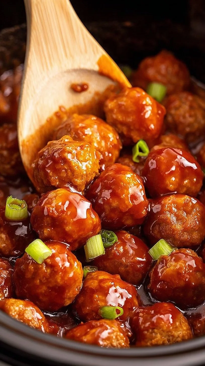 A plate of Hawaiian Meatballs garnished with pineapple and green onions.