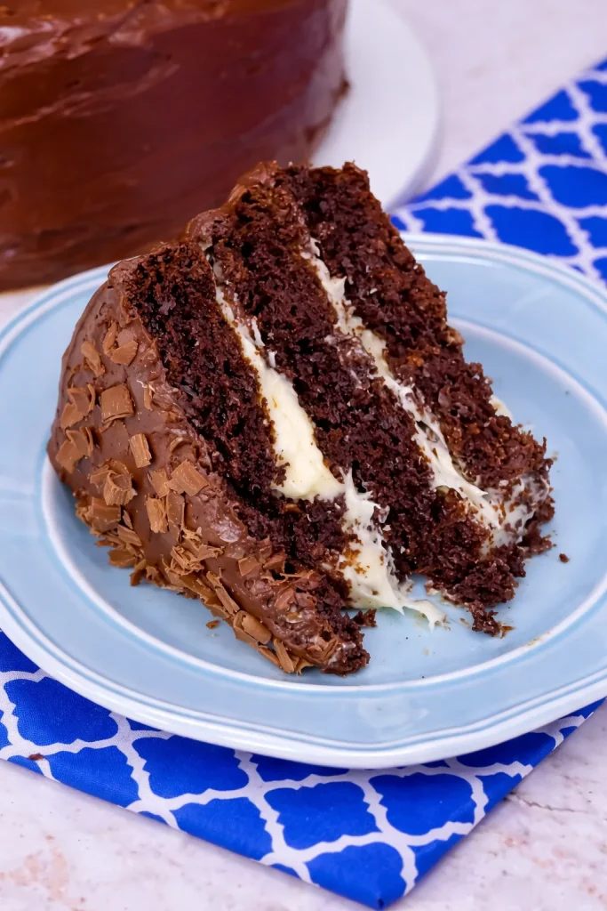 Hershey's chocolate cake with cream cheese filling and chocolate buttercream frosting