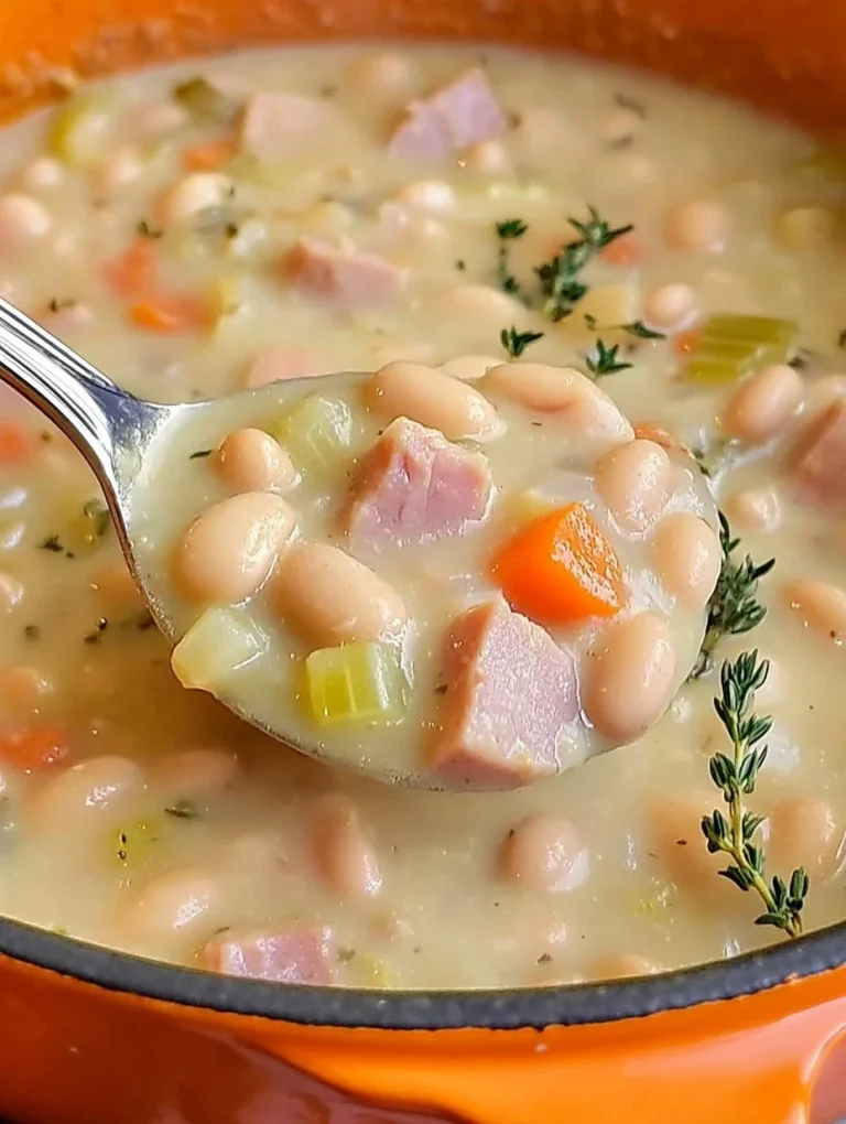 Delicious Holiday Ham and Bean Soup in a bowl with herbs