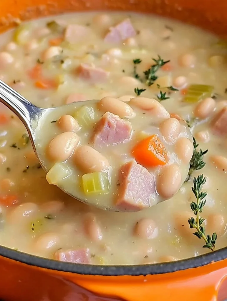 Delicious Holiday Ham and Bean Soup in a bowl with herbs