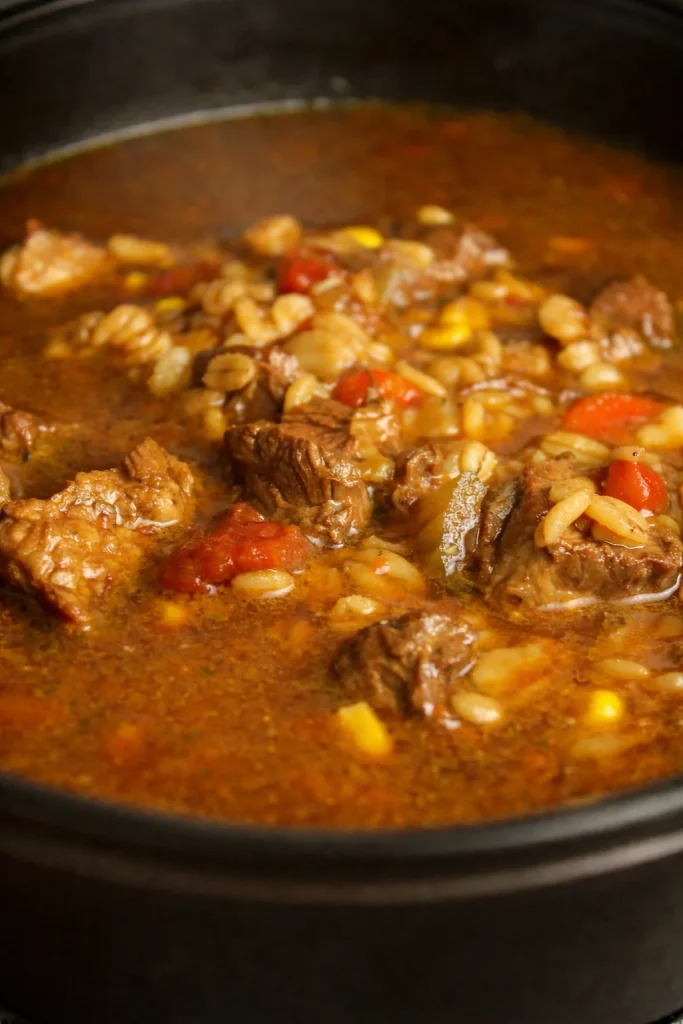 Bowl of homemade slow cooker beef and barley soup garnished with herbs