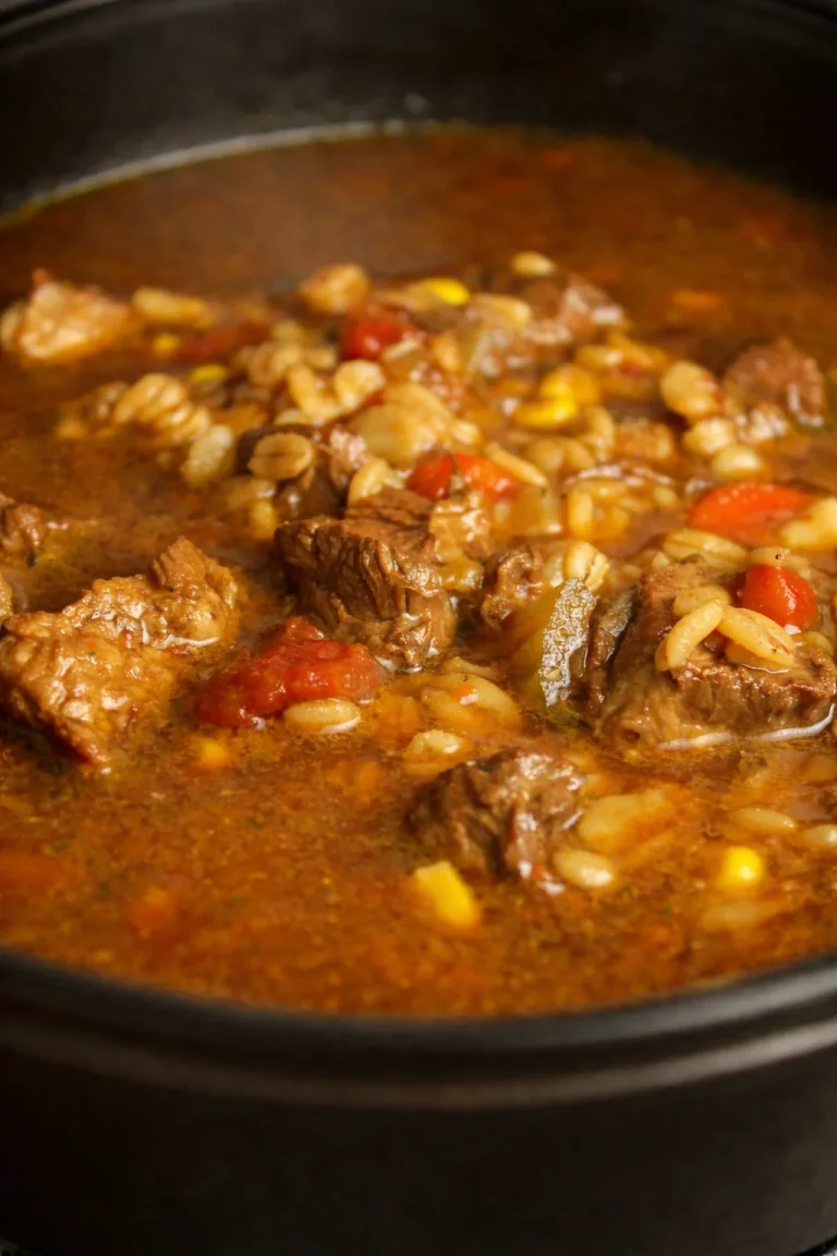 Bowl of homemade slow cooker beef and barley soup garnished with herbs