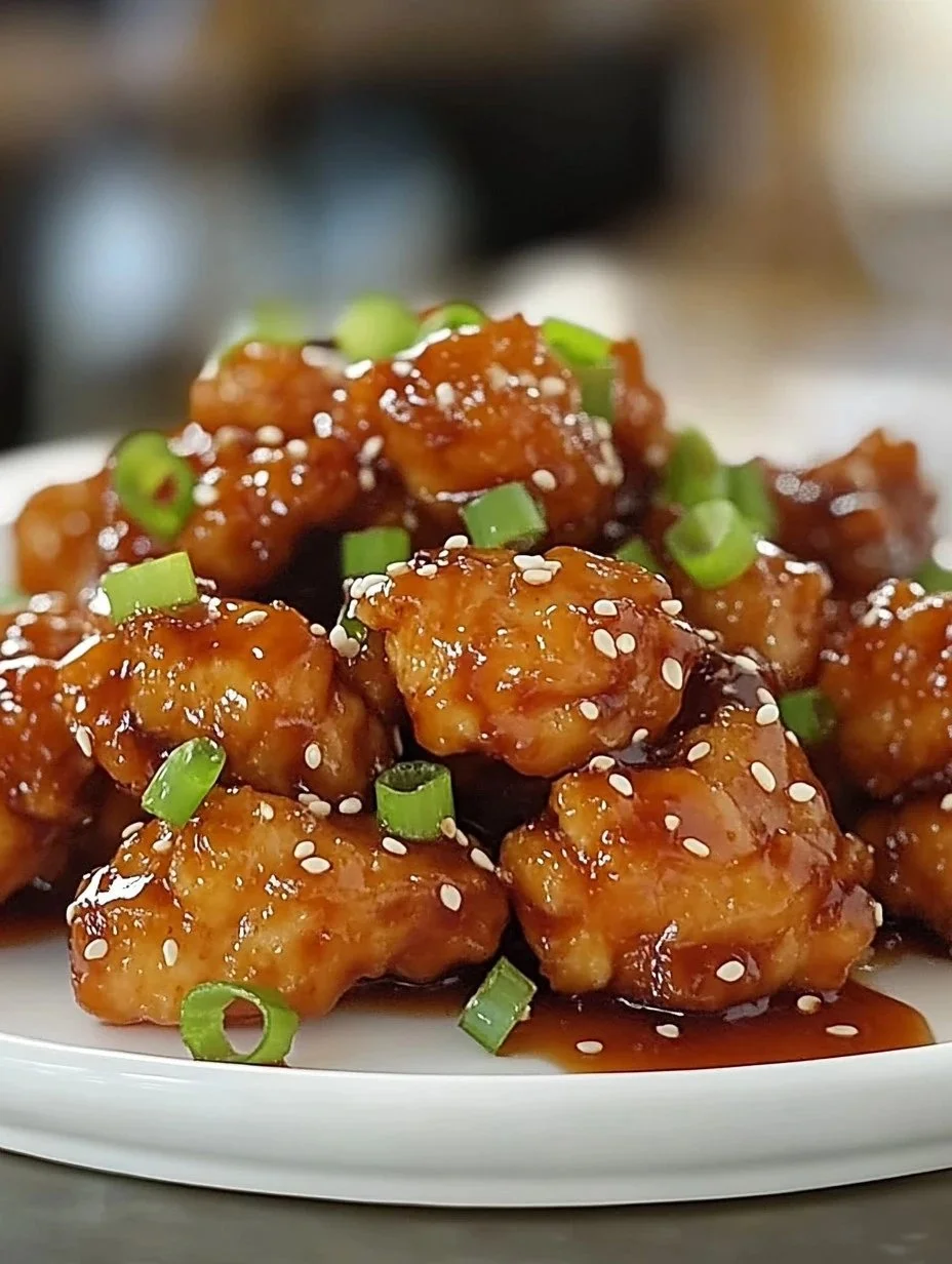 Plate of Honey Garlic Chicken Bites garnished with green onions
