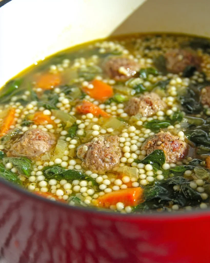Delicious bowl of Italian Wedding Soup garnished with fresh herbs and vegetables