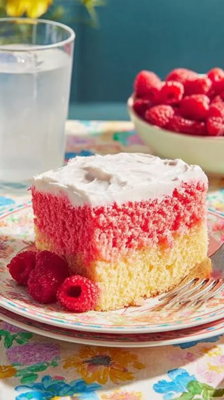 Colorful Jello Cake with layers of jello and whipped cream on a plate