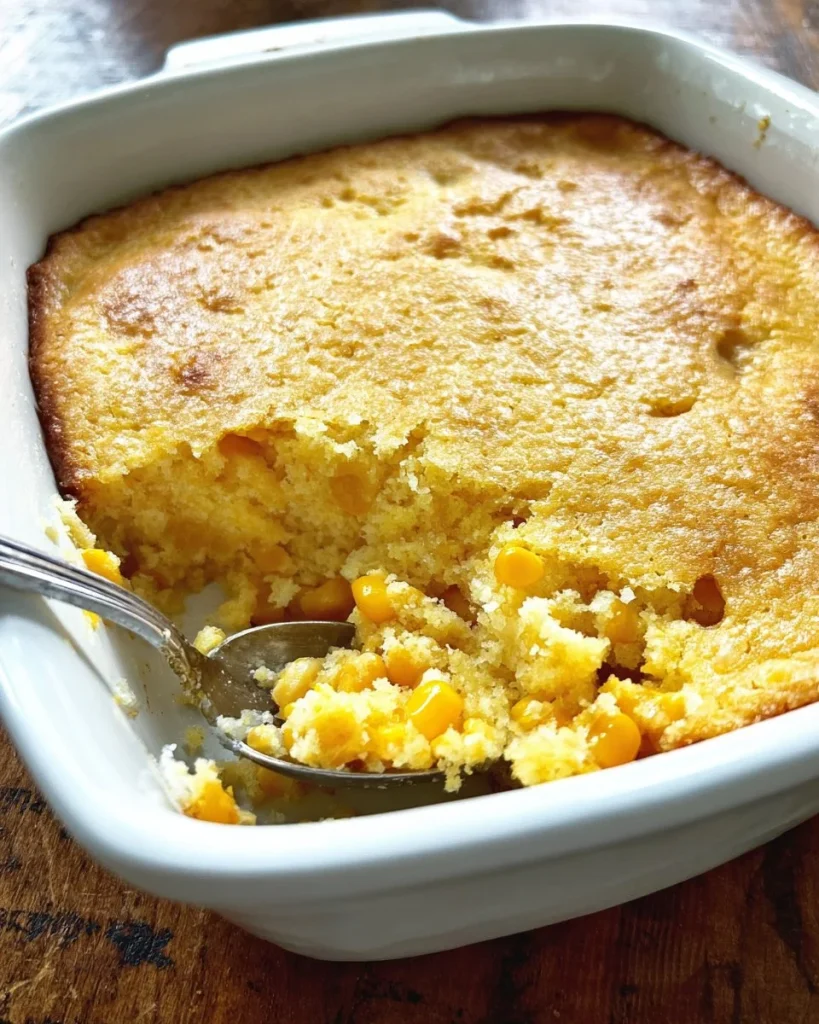 Delicious Jiffy Corn Casserole topped with golden corn and cheese