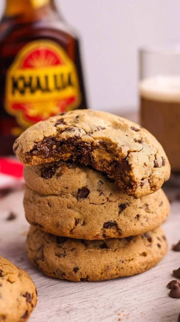 Delicious Kahlua chocolate chip cookies on a plate with chocolate chips.