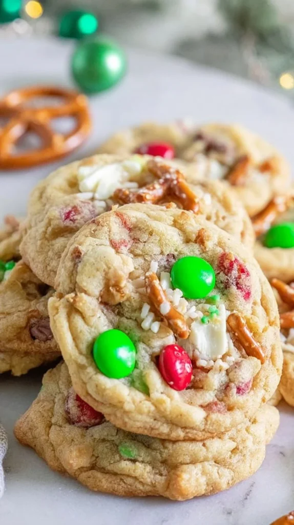 Colorful Kitchen Sink Christmas Cookies with chocolate chips and festive sprinkles