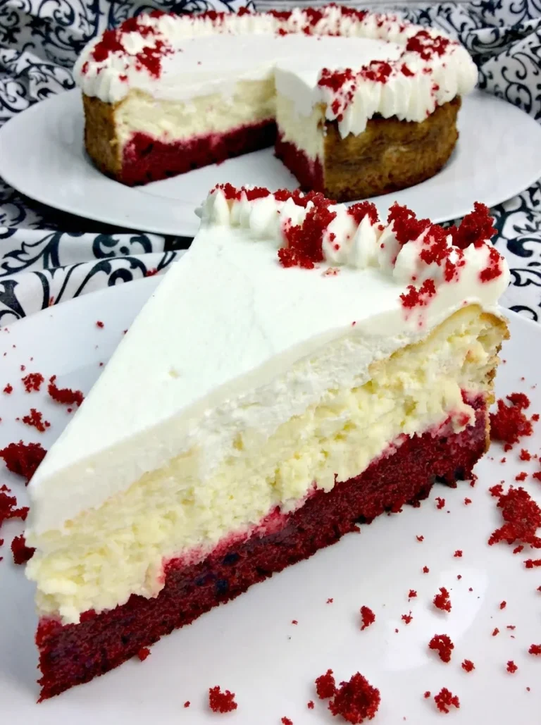 Slice of Knock You Naked Red Velvet Cheesecake with cream cheese frosting